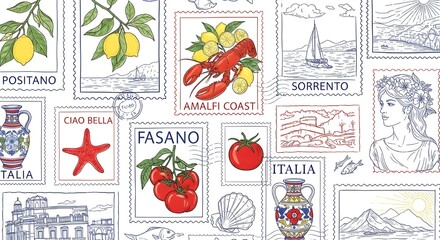 Italian Travel Stamps Seamless Pattern Featuring Positano, Amalfi Coast, Sorrento, Fasano, Ciao Bella, Italia | Mediterranean Holiday Collage for Gift Wrap, Fabric, and Souvenir Design