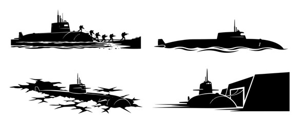 submarine icon set military navy boat silhouette vector illustration © Camel