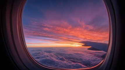 Fototapeta premium Airplane flying through sunset sky seen from window seat.