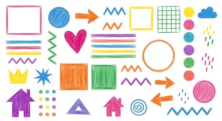 Colorful Crayon Doodle Shapes and Arrows on White Background | Fun Hand-Drawn Geometric Elements for Kids Education, Design Projects, and Playful Marketing