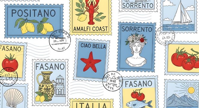 Italian Travel Postcard Stamp Pattern Featuring Coastal Destinations | Vintage Style Design with Positano, Sorrento, Fasano, Amalfi Coast and Ciao Bella for Souvenirs and Tourism Marketing
