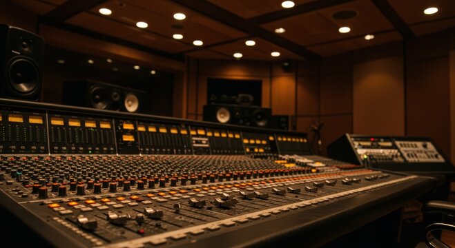 Professional recording studio console with illuminated faders and meters surrounded by studio monitors and acoustic paneling