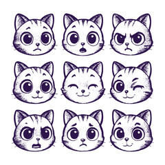 Fototapeta premium Cute sketch style big-eyed cat face icon set with 9 expressive emotions in a hand-drawn aesthetic.