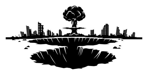 nuclear bomb crater in destroyed city silhouette © Camel