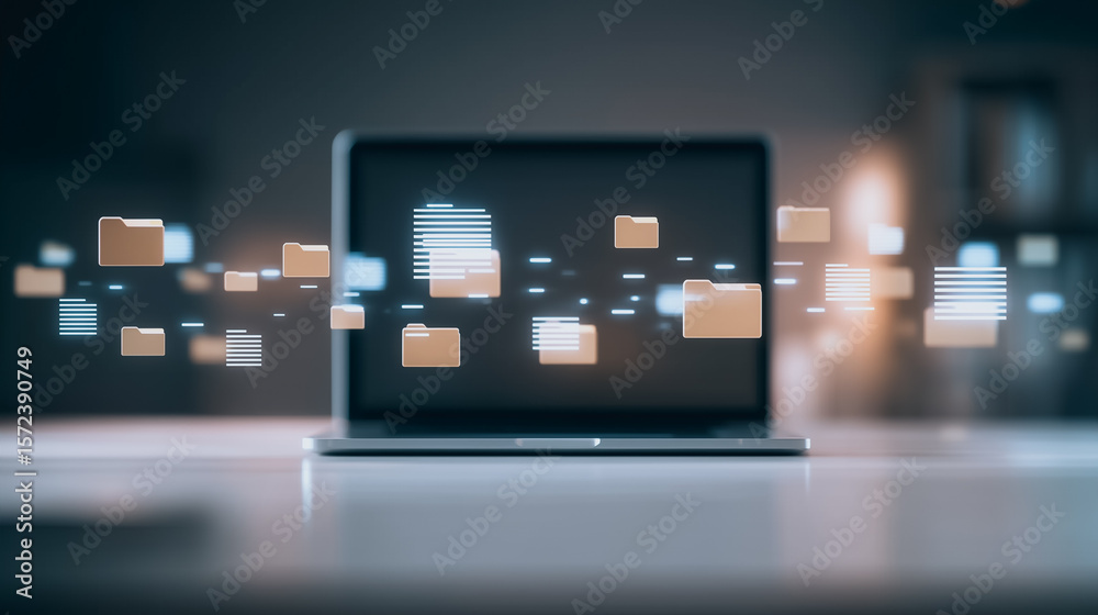 Poster data transfer on laptop: a sleek laptop displays a dynamic stream of data files transferring across 