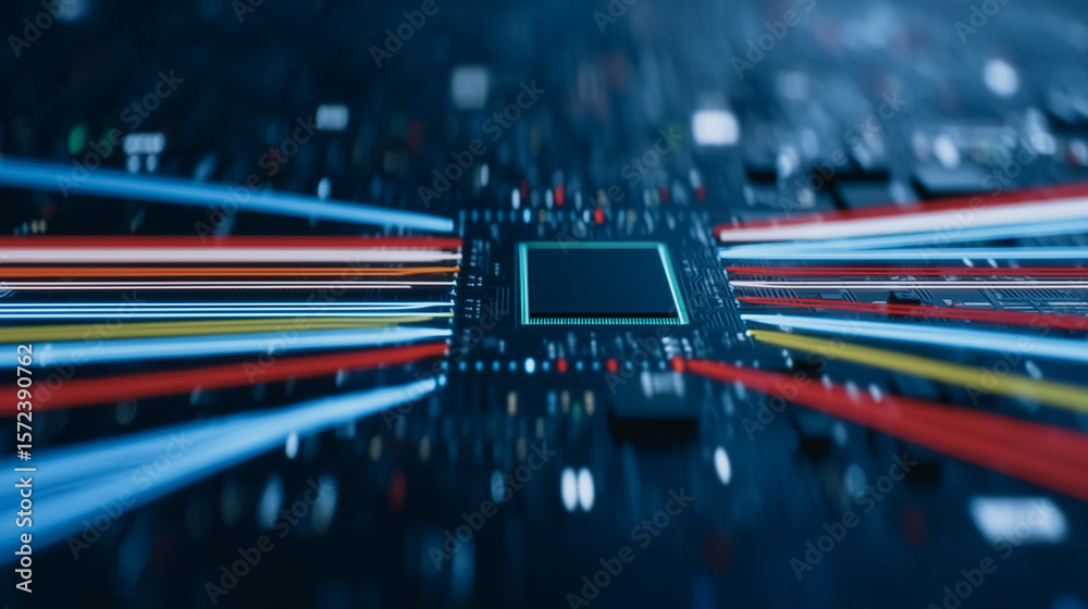 Poster digital processor's core: intricate shot of a central processor unit (cpu), highlighted by radiant d