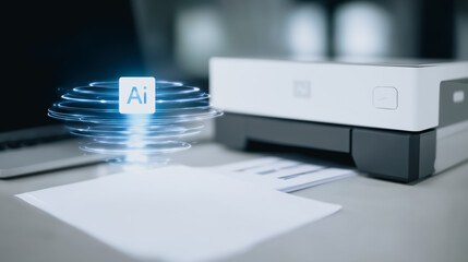 AI Printing: A conceptual shot of a modern printer integrated with advanced AI capabilities. the printer effortlessly produces documents, highlighting the power of artificial intelligence.