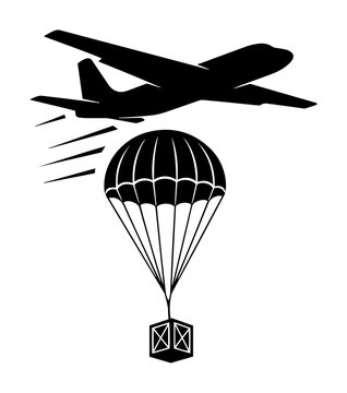 airplane dropping cargo with parachute airdrop silhouette vector icon