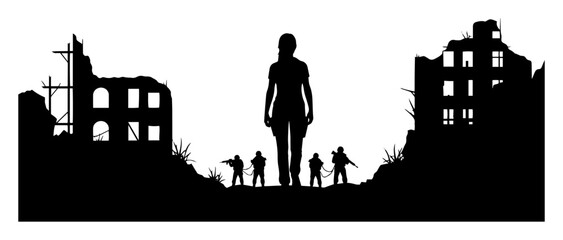war torn city ruins survivor silhouette illustration