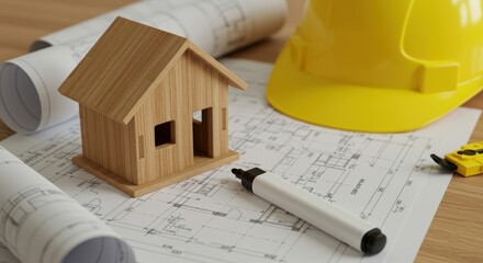 Architectural blueprint with wooden house model yellow hard hat marker and measuring tape on desk
