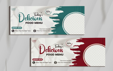 Fast food restaurant menu social media marketing web banner template design. Pizza, burger healthy food business online promotion flyer with abstract background, logo icon. Sale cover with mockup