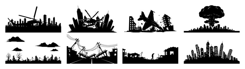 Obraz premium post apocalyptic destruction icons set ruined city explosions vector