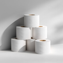 Pile of six clean, new toilet paper rolls, neat and organized stacked up against plain background with shadows.