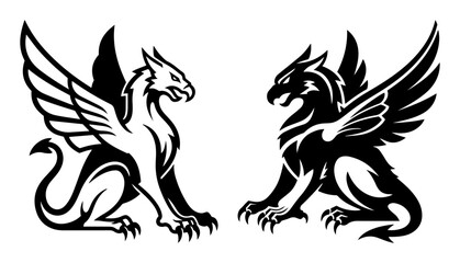 mythical griffin heraldic beast silhouette set