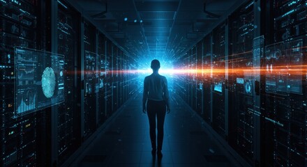 Silhouette of a person walking towards a bright digital data stream in a futuristic server room with glowing screens