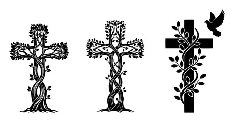 tree and vine christian cross symbol vector set