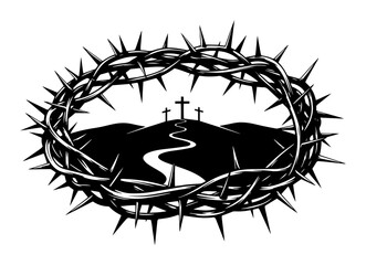 crown of thorns with calvary hill crucifixion vector illustration
