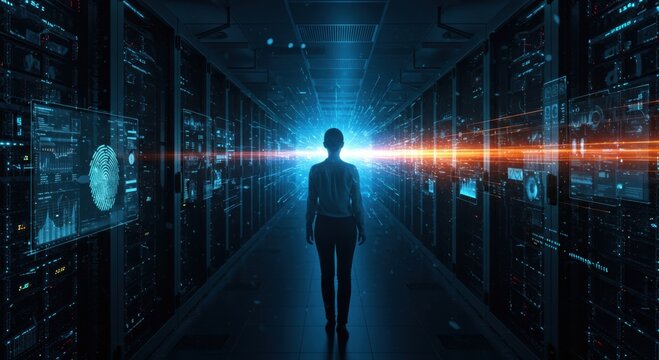 Silhouette of a person walking towards a bright digital data stream in a futuristic server room with glowing screens