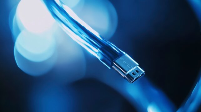 Close-up of a glowing blue USB-C cable against a bokeh background.
