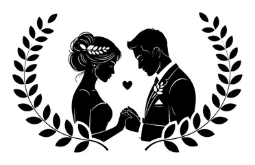 wedding couple silhouette in laurel wreath logo