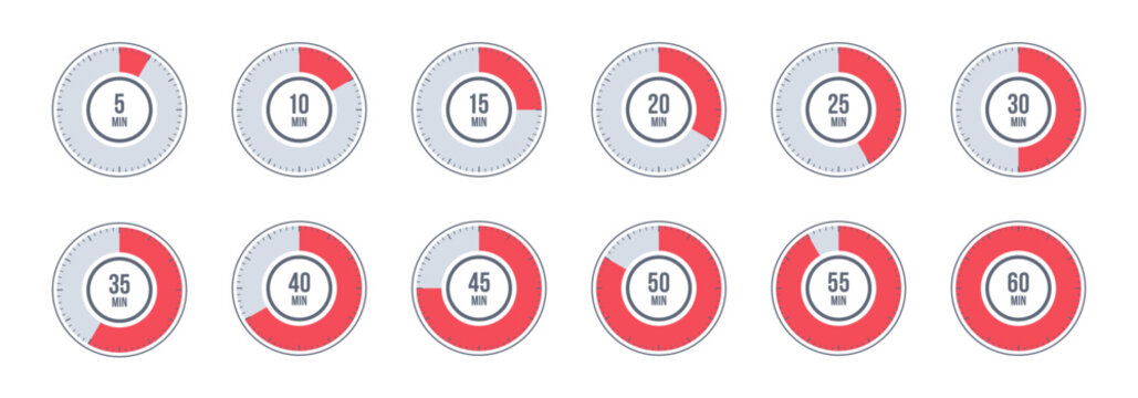 Countdown timer, clock, stopwatch vector icons set. Full rotation arrow timer. 5 minute to 1 hours stopwatches. Collection of timers in flat style isolated on white background. Vector illustration.