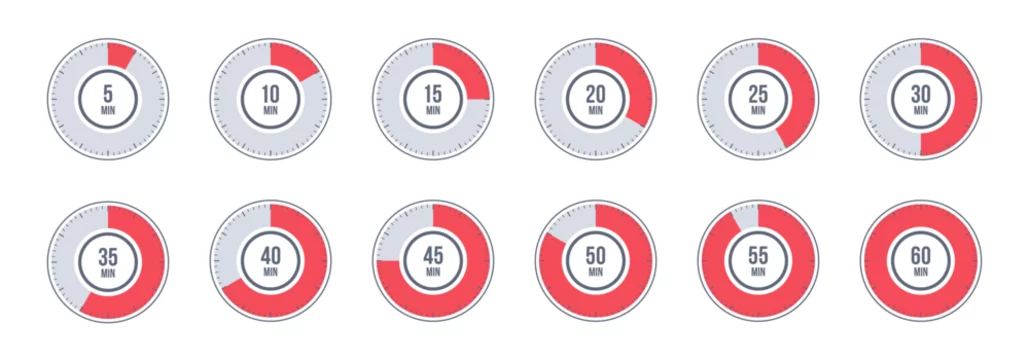 Countdown timer, clock, stopwatch vector icons set. Full rotation arrow timer. 5 minute to 1 hours stopwatches. Collection of timers in flat style isolated on white background. Vector illustration.
