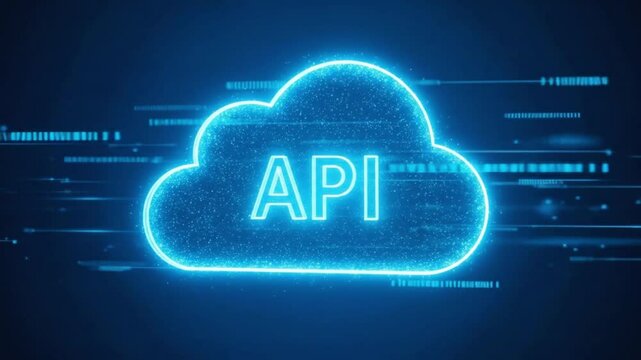 A glowing cloud with the word api represents cloud computing technology and digital data connection in blue light