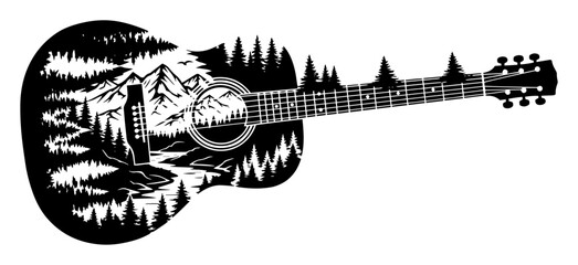 guitar silhouette with mountain forest landscape double exposure vector