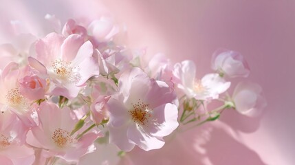 Fototapeta premium **Soft pastel pink background with scattered light white roses and gentle shadow play creating an airy floral composition