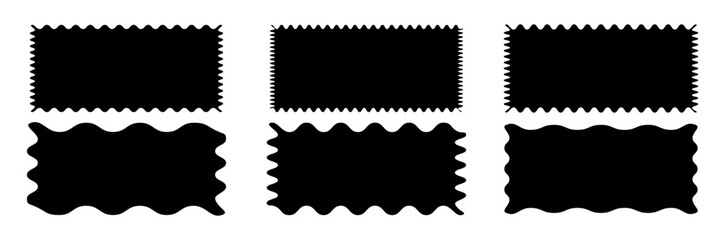 Set or rectangular shapes with squiggly borders. Tags, labels, stamps, crackers, coupons rectangle boxes with curvy, wiggly, wavy edges isolated on white background. Vector flat illustration.