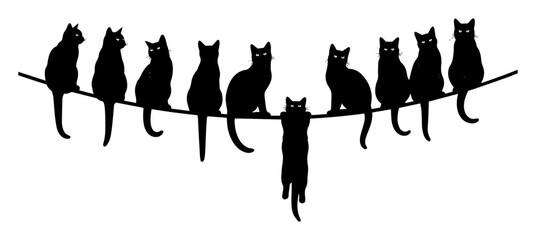 cats sitting on rope silhouette funny vector illustration
