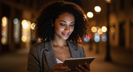 A smiling woman with curly hair uses a tablet at night with city lights blurred in the background
