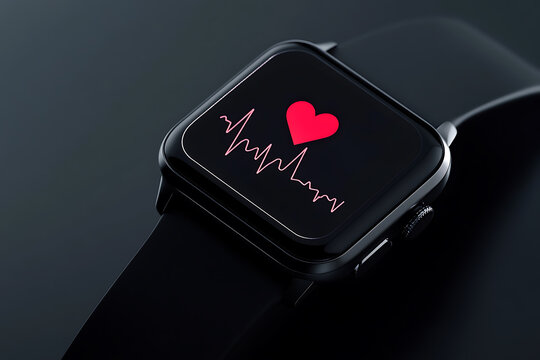 Heart Health Tracking: Smartwatch displaying heart rate monitor and heartbeat rhythm with a prominent red heart symbol. Health technology. - Powered by Adobe