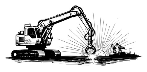 excavator demolition with hydraulic breaker vector illustration