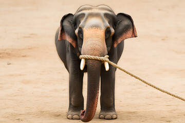 Asian Elephant Portrait: Captive elephant with rope tied around tusks and trunk against sandy background. Gentle giant with wrinkled skin and large ears.