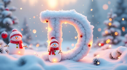 Snow covered letter D glowing warmly with small red ornaments, surrounded by two cheerful snowmen wearing red hats and scarves snowy winter scene