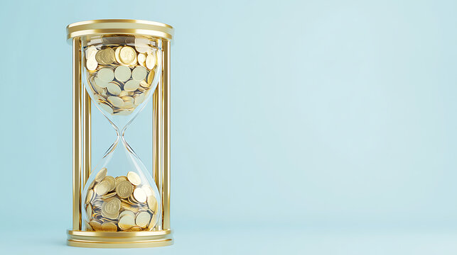 Hourglass with Coins: A concept of time-based investment and financial planning, highlighting the importance of managing and saving money over time.