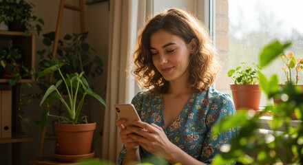 Young woman smiling while using her smartphone surrounded by lush green potted plants near a sunlit window