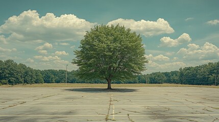 Lone tree in empty parking lot under cloudy sky