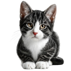 Fototapeta premium Adorable tabby kitten with striking eyes, sitting calmly and looking directly at the camera with a fluffy fur coat