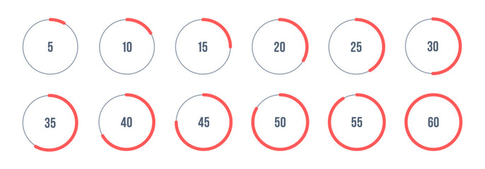 Vector circle countdown timer display set. 5 minute to 1 hours stopwatches. Timers in flat style isolated on white background. Orange and gray color round display. UI countdown timer.