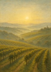 Obraz premium Serene vineyard landscape at sunrise.