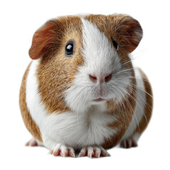 Adorable guinea pig sitting calmly with fluffy fur, bright eyes, and warm brown and white colors on a plain background