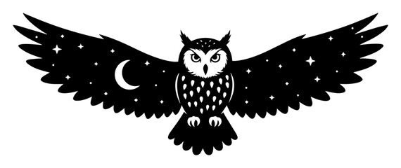 celestial owl with night sky moon and stars in wings