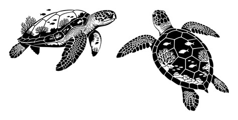 sea turtle with ocean reef scene double exposure vector © Camel