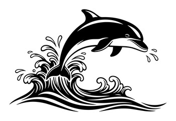 jumping dolphin out of ocean waves black vector logo