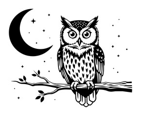 owl on branch at night with crescent moon and stars vector