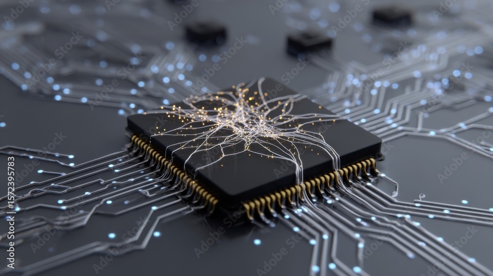 Aufkleber a side view of a microprocessor with visible connections representing neural networks highlighting t