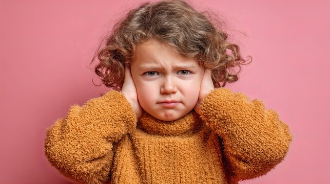 Child pressing both ears with a frown, showing earache symptoms.