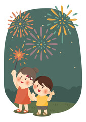 夏の夜を楽しむ子どもたち、Summer Fireworks Fun for Kids